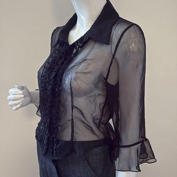 Vintage Bisou Bisou Sheer Black Ruffle Front Button Down Blouse 3/4 Bell Sleeves - Picture 3 of 6